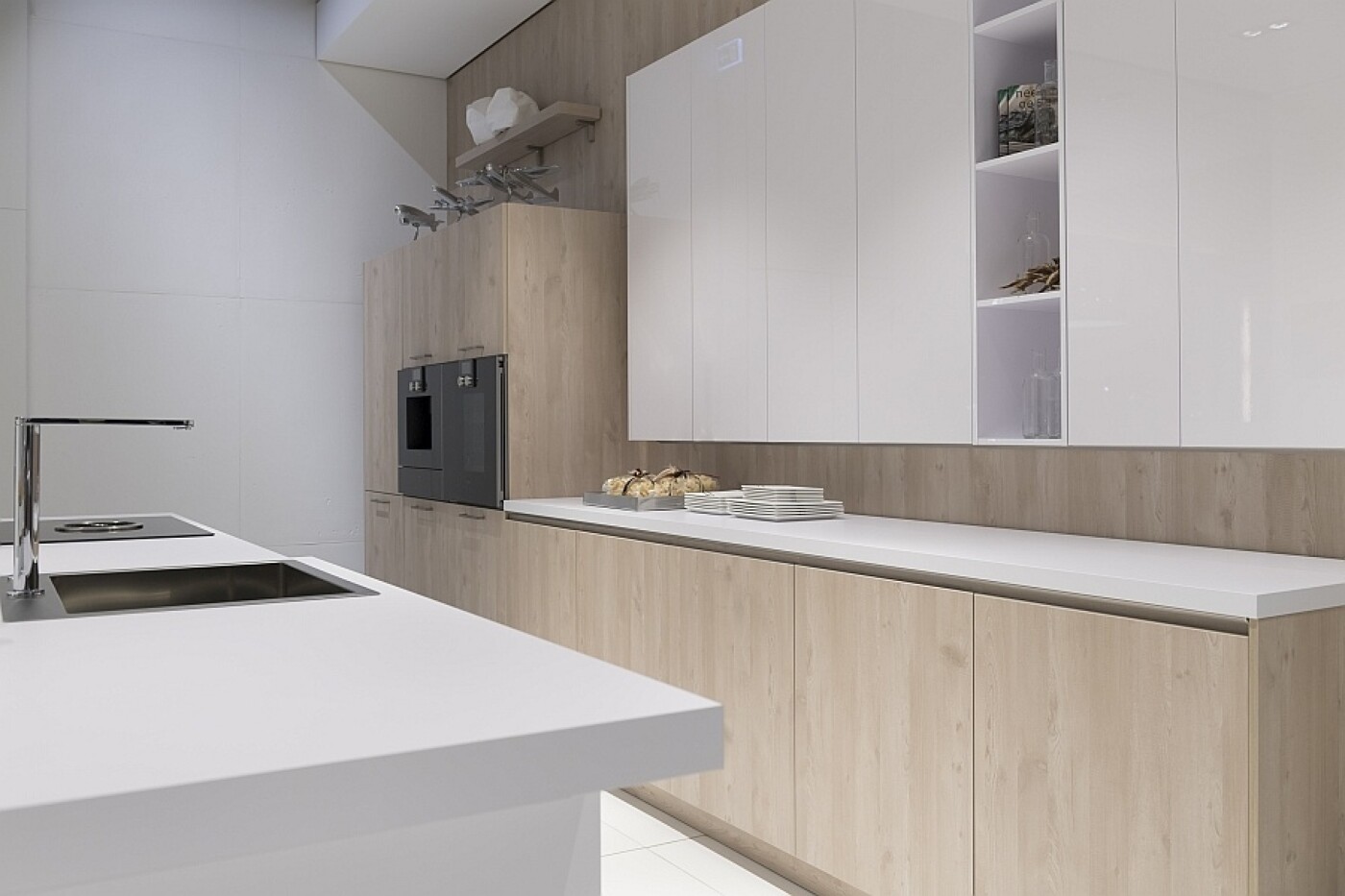 Materialmix in der Küche: Helles Holz und weiße Flächen passen gut zusammen. Materialmix in der Küche: Helles Holz und weiße Flächen passen gut zusammen.